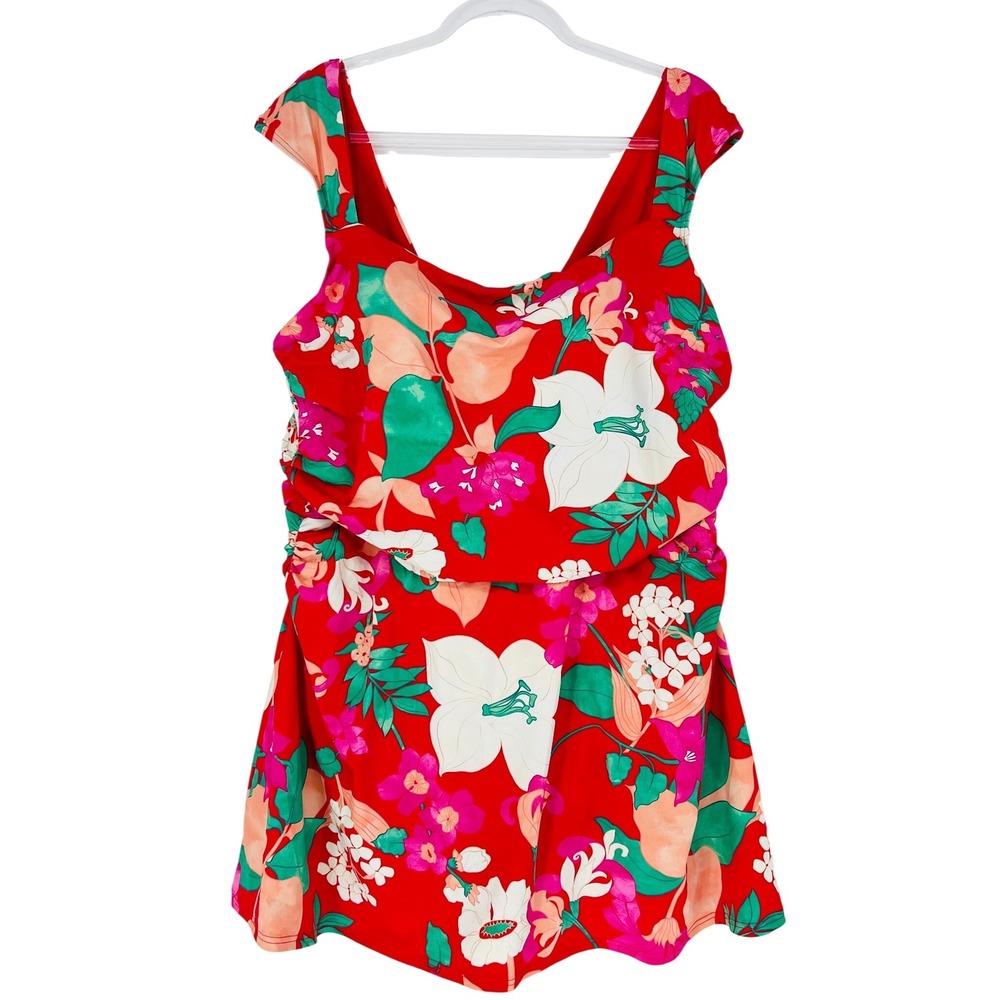 Lands End Smoothing Swimdress Women 22W Red Floral Ruched One Piece Swimsuit